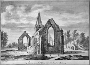 De ruïne van de tweebeukige kerk na de verwoesting door de Spanjaarden